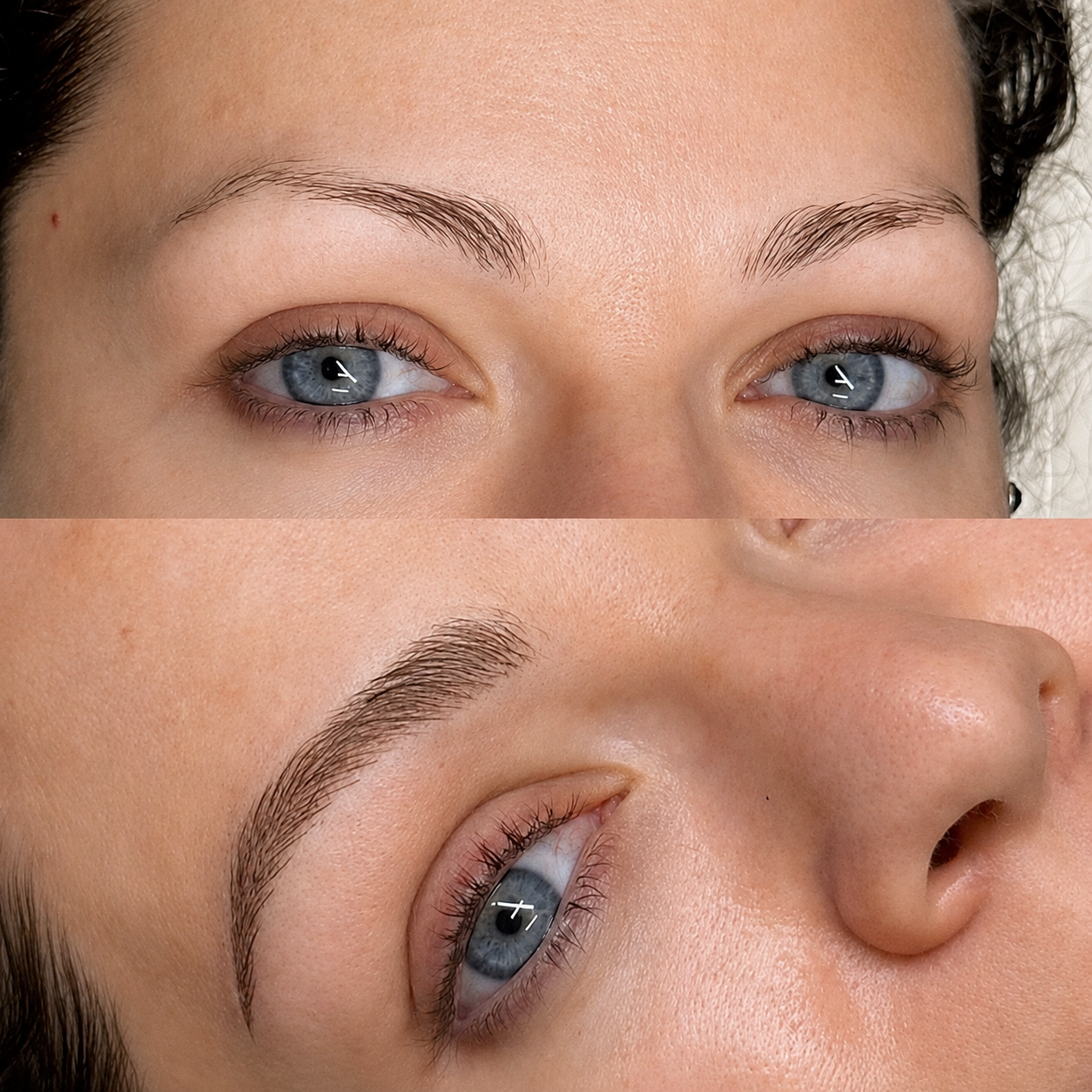 Before and after close up showing a natural brow transformation