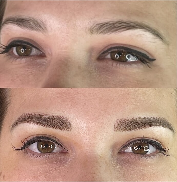 Before and after close up showing softly shaped and defined brows